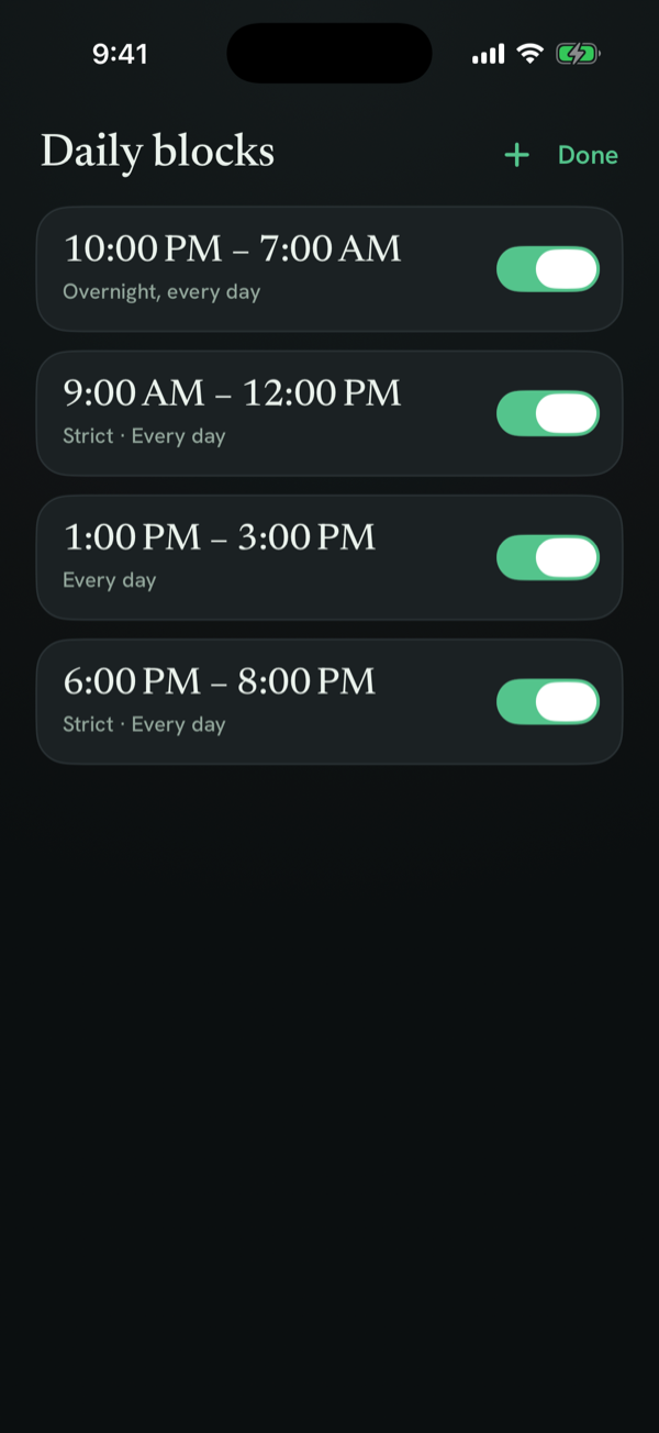 Daily blocks schedule in Deadbolt, locking apps on a recurring timetable