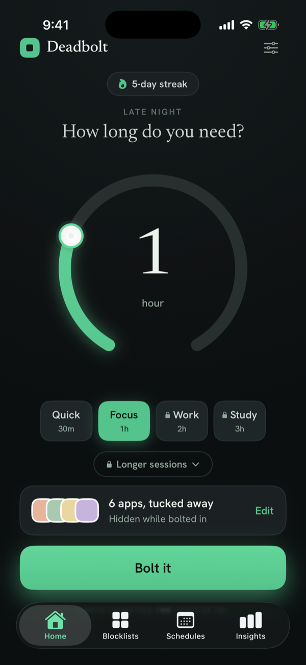 Deadbolt home screen — set a duration and bolt distracting apps shut