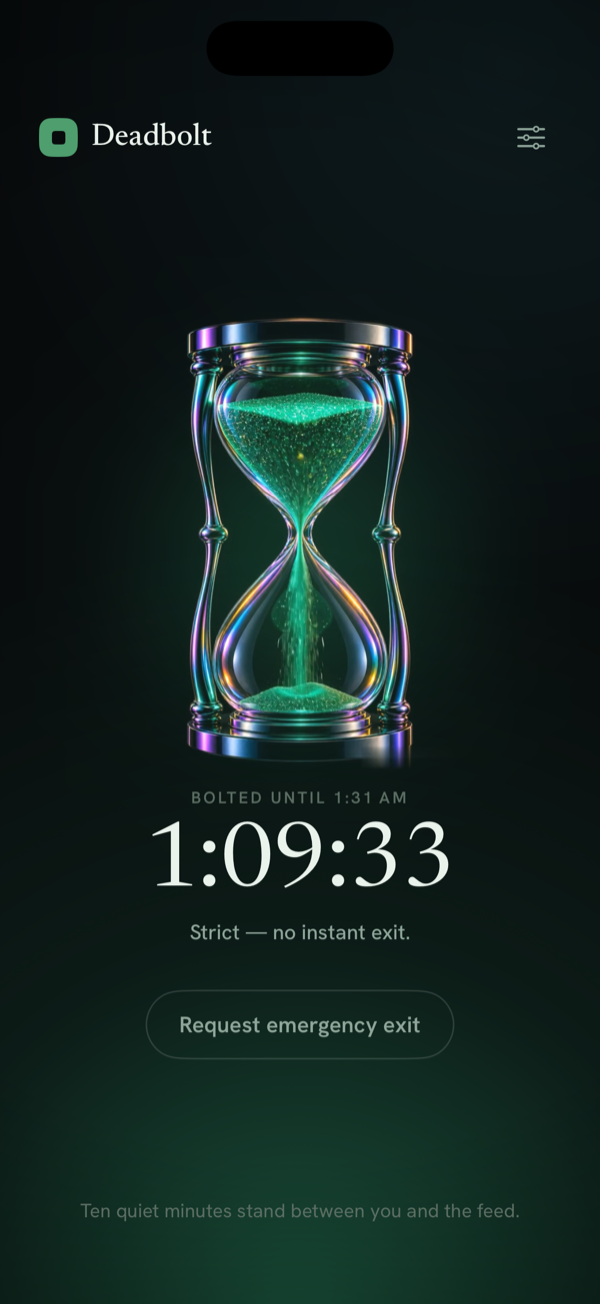 Deadbolt strict session — a countdown with no instant exit