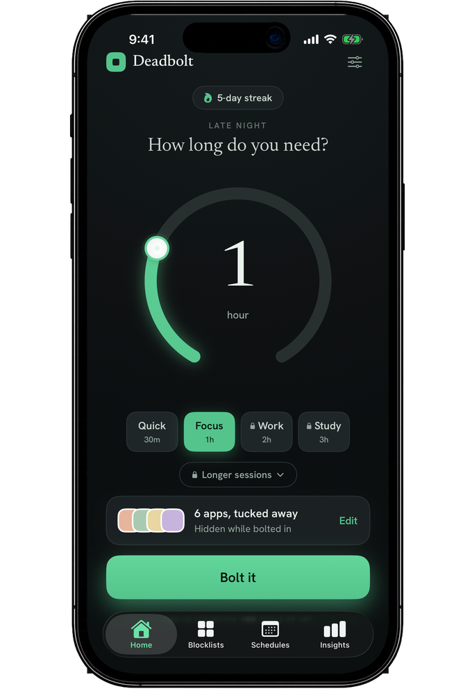 Deadbolt home screen with a duration dial